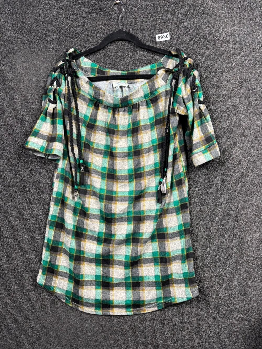 Hayden Blouse Plaid Womens Size M Green Black Flannel Lace Up Short Sleeves